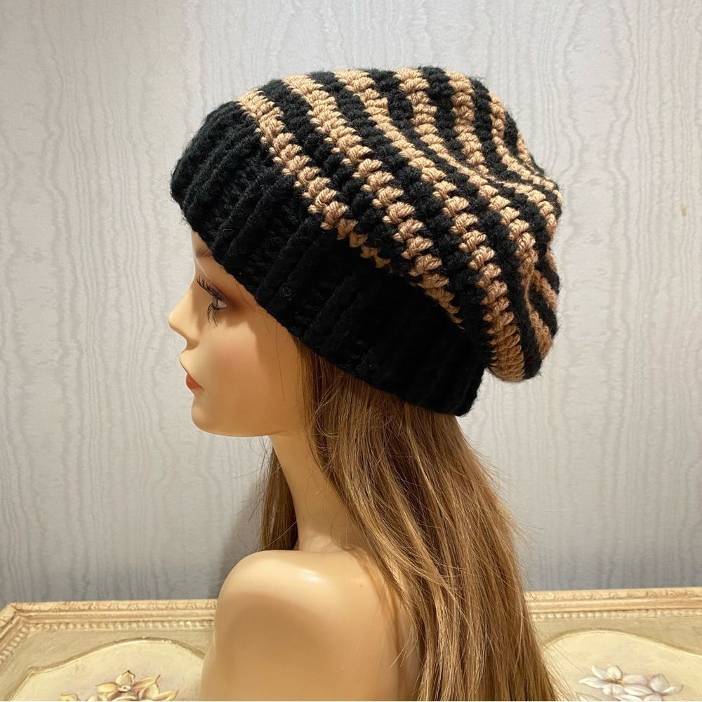 Hand Crafted Black & Tan Striped Slouchy Knit / Crochet Beanie Hat